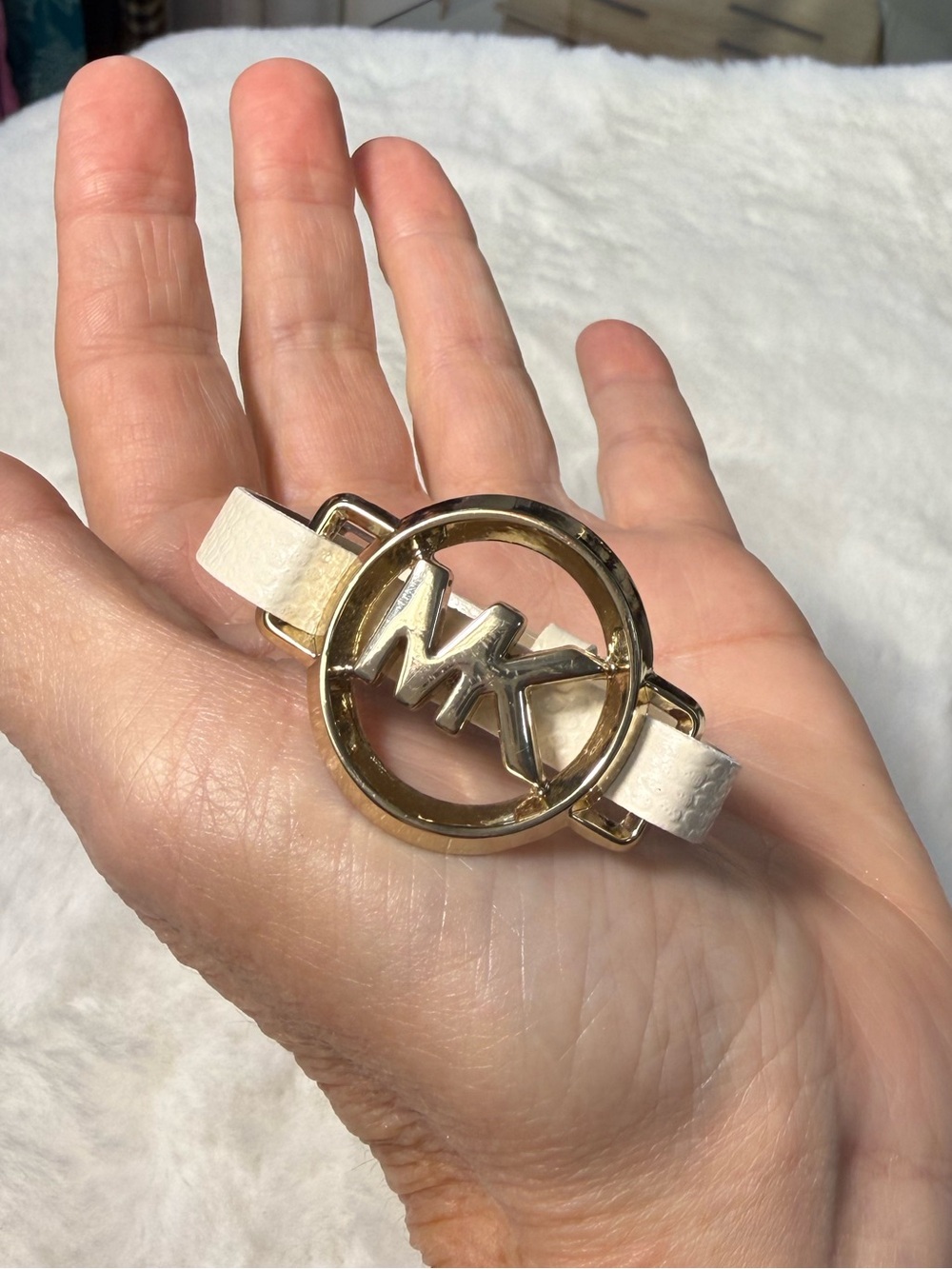 Michael Kors upcycled White Bracelet with Gold MK Circle Emblem